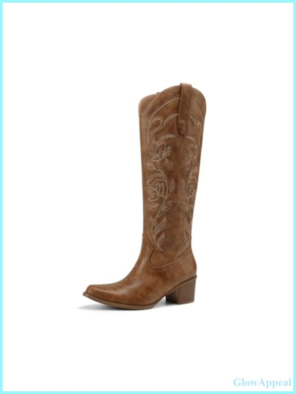 Western Cowboy Knee High Boots Faux Leather Square Toe Floral Embroidery